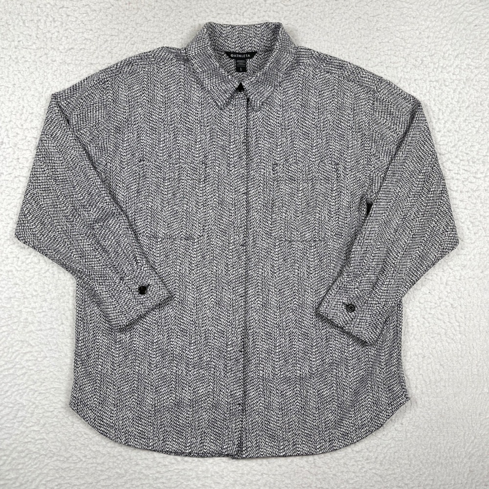 Athleta Shirt Jacket Womens Large Black Textured Print Shacket Athleisure Casual